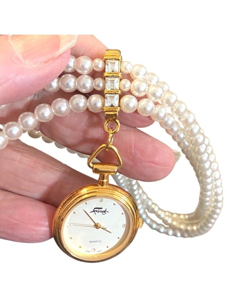 Vtg Faberge Gold-Tone Faux Pearl Necklace W/Non-Working Quartz Watch Pendant 29" — image 5 of 7